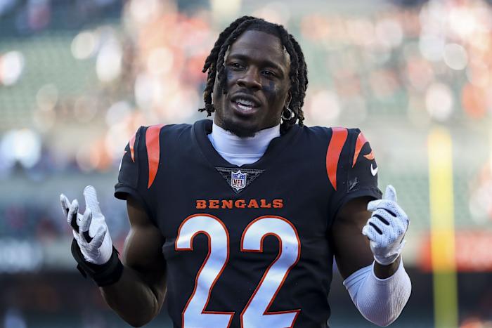Oct 23, 2022; Cincinnati, Ohio, USA; Cincinnati Bengals cornerback Chidobe Awuzie (22) walks off the field after the victory over the Atlanta Falcons at Paycor Stadium. Mandatory Credit: Katie Stratman-USA TODAY Sports
